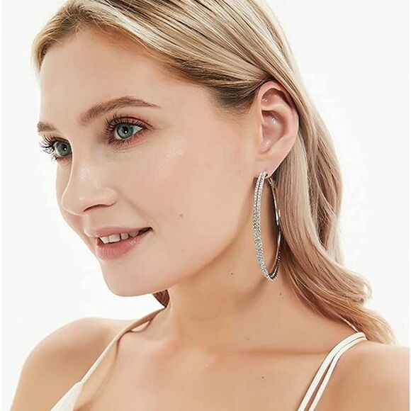 Double Oversized Rhinestone 2.5” Hoop Earrings Silver tone - Picture 2 of 9